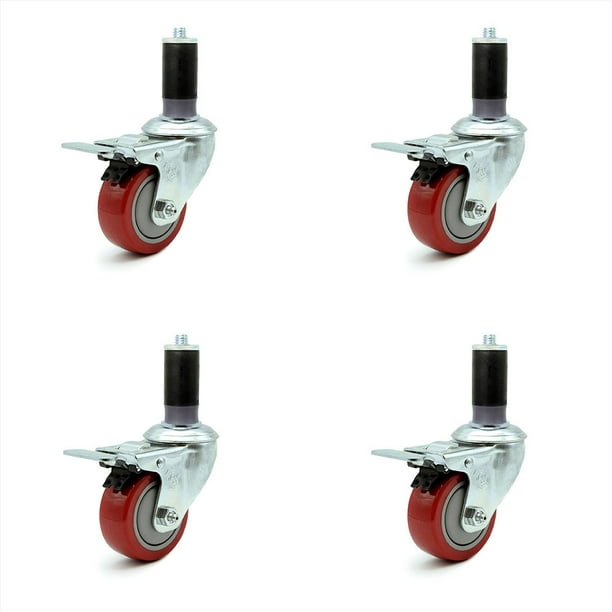 Red Polyurethane Swivel Threaded Stem Caster Set of 4 w/4 x 1.25 Wheels and 12mm Stems Service Caster Brand 1200 lbs Total Capacity Includes 2 with Top Locking Brake Red Polyurethane Swivel Threaded Stem Caster Set of 4 w/4 x 1.25 Wheels and 12mm Stems Service Caster Brand 1200 lbs Total Capacity Includes 2 with Top Locking Brake
